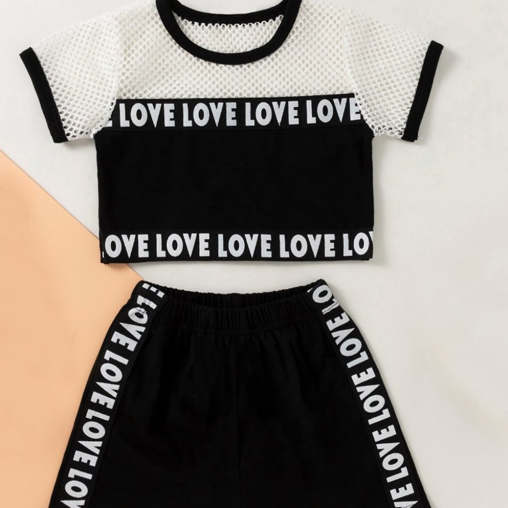 Black Love Print Mesh T-Shirt & Shorts 2pcs Baby Outfit
